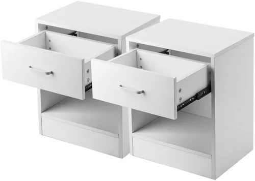 Vista 6 de Juego de 2 mesitas de noche para dormitorios, mesita de noche moderna con cajones, mesa auxiliar de madera para espacios pequeños, sala de estar