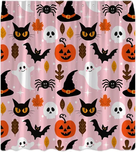Vista 10 de Cortina de ducha azul de Halloween, linda cortina de baño de fantasma, terror, calabaza, espeluznante, gato negro, calavera aterradora, murciélago