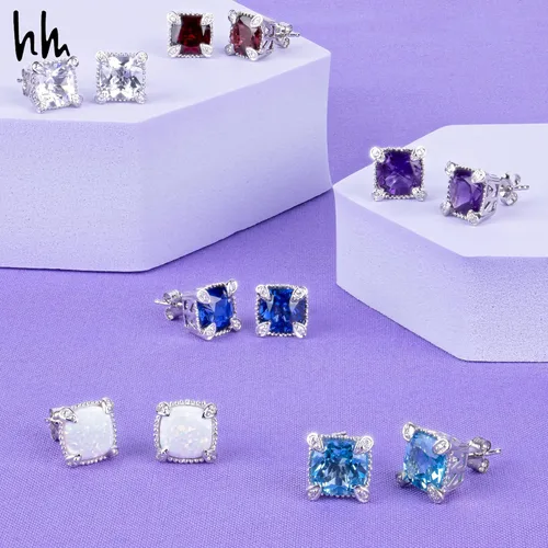 Vista 6 de Nicole Miller Fine Jewelry - Aretes de piedras preciosas de corte cojín para mujer en plata de ley 925 con piedra natal de 0.315in, Gema Piedra