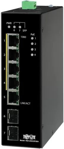 Vista 8 de Tripp Lite Conmutador Ethernet Gigabit PoE+ administrado industrial de 8 puertos de capa 2, puertos RJ45 de 10/100/1000 Mbps, montaje DIN