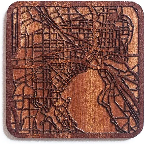 Vista 155 de Posavasos Amsterdam Map by O3 Design Studio, 1 pieza, posavasos de madera Sapele con mapa de la ciudad, hecho a mano, varias ciudades opcionales