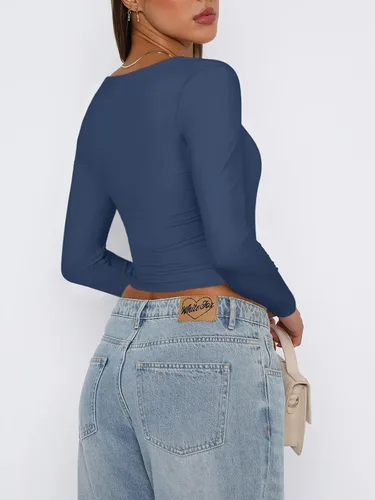 Vista 3 de REORIA Camiseta corta sexy de manga larga con cuello cuadrado para mujer Y2K
