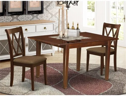 Vista 2 de East West Furniture MLCL3-MAH-C - Juego de muebles de comedor de 3 piezas que contiene una mesa rectangular de madera con hoja de mariposa y 2