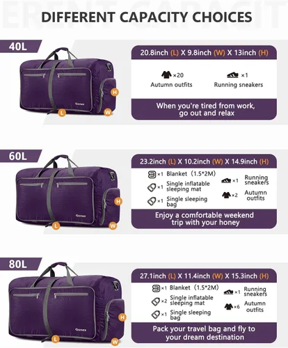 Vista 3 de Gonex Bolsa de viaje plegable grande de 40 L, 60 L, 80 L, 100 L, 150 L, con compartimento para zapatos, plegable, ligera, repelente al agua, bolsa