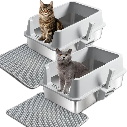 Vista 15 de Caja de arena de acero inoxidable con tapa, caja de arena de metal para gatitos, cajas de arena de entrada baja con pala y alfombra, caja de arena