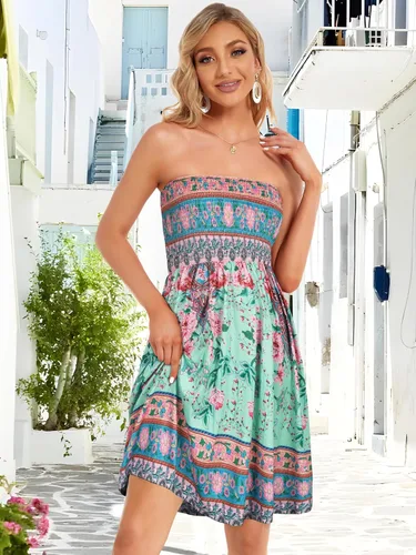 Vista 5 de CHICGAL - Vestido de verano para mujer, salida de baño, sin tirantes, diseño bohemio, estampado floral, vestido para la playa