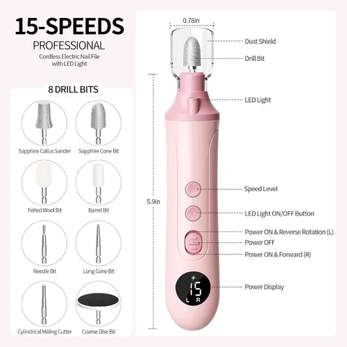 Vista 6 de Ccigedy Taladro eléctrico de uñas, lijadora profesional inalámbrica con pantalla LCD y lámpara, amoladora de uñas recargable para mujeres, kit