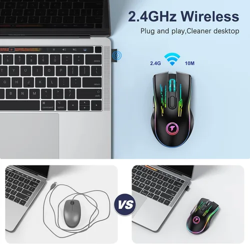 Vista 5 de TECURS Mouse para juegos, mouse inalámbrico para juegos con 9 botones, 5 niveles de DPI ajustables, recargable ergonómico Plug & Play RGB óptico