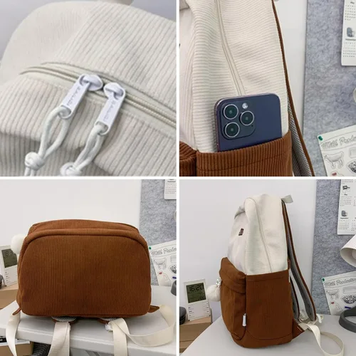 Vista 6 de Verdancy Mochila retro de pana para adolescentes, escuela, universidad, viajes, vintage, estética, mochila kawaii, mochila escolar casual, Marrón