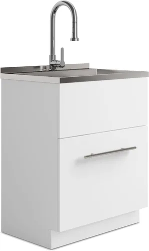Vista 11 de SIMPLIHOME Metro - Lavabo y gabinete de lavandería todo en uno de 24 pulgadas de ancho en acabado blanco puro, gabinete de fregadero de acero