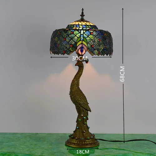 Vista 5 de Lámpara de mesa Tiffany de pavo real, lámpara de escritorio con base de resina retro, pantalla de pavo real para sala de estar, dormitorio