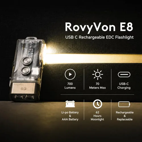 Vista 9 de RovyVon Linterna de Llavero Ojos de Ángel E8, 700 Lúmenes, Compatible con Batería AAA, Linterna EDC Recargable USB C (Luz Negra 365nm/Rojo/Blanco)