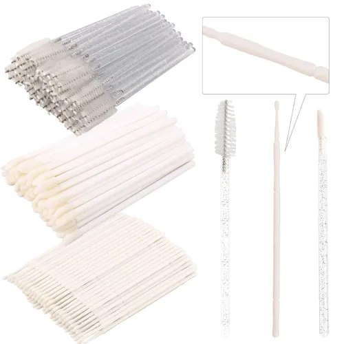 Vista 29 de Kit de suministros para extensión de pestañas de 300 piezas, cepillos desechables para pestañas, micro hisopos, varitas para máscara, cepillos