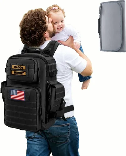 Vista 12 de SHARKMOUTH - Bolsa de pañales para papá para hombre, mochila militar para bebé con parches para senderismo, viajes, viajes de campamento, regalos