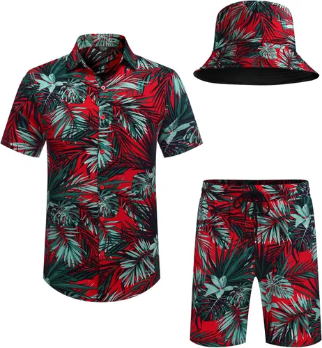 Vista 5 de COOFANDY Men's Hawaiian Shirt and Short Set Flower 2-pieces Beach Outfit with Bucket Hats