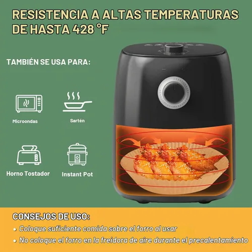 Vista 6 de Forro de papel para freidora de aire, material no blanqueado y biodegradable, papel de pergamino desechable antiadherente para freír, hornear, asar