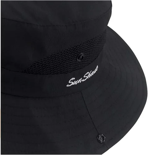 Vista 56 de Sombrero de pesca de playa de ala ancha para mujer, con protección UV, plegable, con agujero para cola de caballo