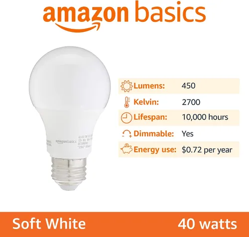 Vista 2 de Amazon Basics - Bombillas LED, eficientes energéticamente 6 W, equivalente a 40 vatios, base estándar E26, 2700 K, regulable, 10,000 horas
