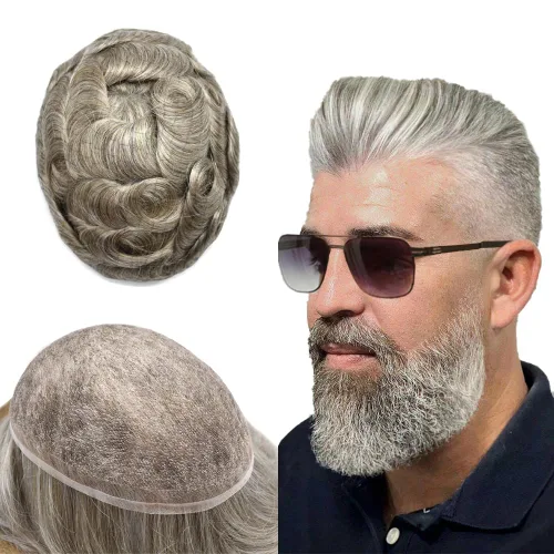 Vista 16 de Completo suizo encaje tupé para hombres pieza de pelo real sistema de reemplazo de cabello humano para hombres Toupee Hairpieces para hombres 7x9