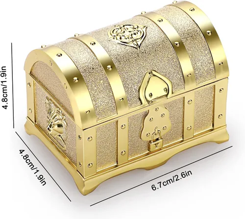 Vista 6 de Hipiwe Joyero de metal vintage con diseño de cofre del tesoro, aretes de anillo pequeño, collar de recuerdo para niñas, mujeres y mujeres, dorado