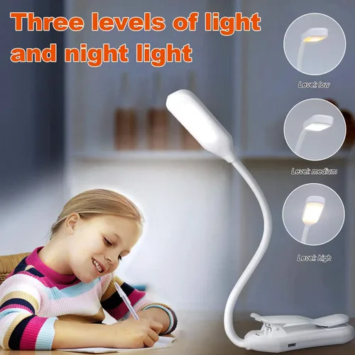 Vista 3 de Luz de lectura de libro con clip para cama, lámpara de libro con abrazadera con 5 LED para el cuidado de los ojos, 3 colores cambiables, funciona