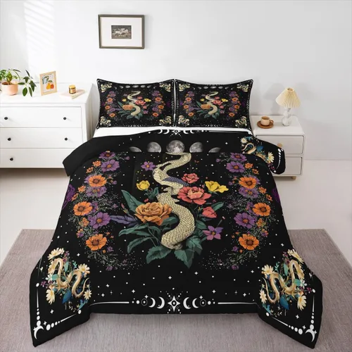 Vista 43 de Castle Fairy Juego de edredón con diseño de gato lindo para niños, tamaño twin, juego de ropa de cama con hojas de flores, luna, noche y cielo