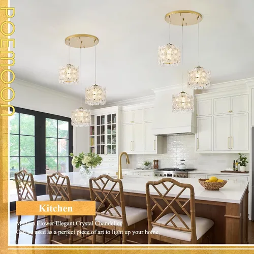 Vista 5 de Lámpara colgante de cristal de flor transparente con 3 luces de oro Dorado