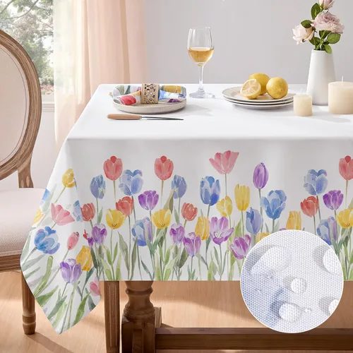 Vista 8 de Softalker Mantel rectangular de primavera – Mantel decorativo impermeable con patrón floral de Pascua, resistente a las manchas, sin arrugas