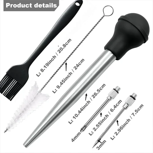 Vista 2 de Baster de Pavo, Baster de Pavo de Acero Inoxidable, Conjunto de Baster Inyector de Carne con Jeringa con 2 Agujas y 2 Cepillos de Limpieza