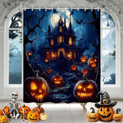 Vista 2 de Halloween Shower Curtain Spooky Haunted House Scene with Glowing Pumpkins Full Moon Bats Gothic Dark Forest Castle Bathroom Polyester Curtains Set