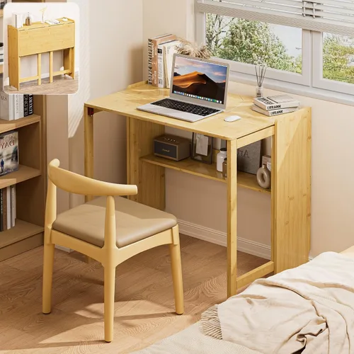 Vista 9 de Escritorio plegable de bambú de 31.1 pulgadas con estantería, escritorio compacto para computadora para espacios pequeños, escritorio plegable