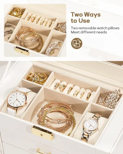 Vista 4 de Homde Joyero enorme de cuero sintético con espejo, organizador de relojes, collar, anillo y aretes, estuche de regalo con cerradura (blanco + dorado)