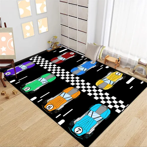 Vista 11 de Alfombra de construcción – Alfombras de construcción para habitación de niños, divertido diseño de camión de dibujos animados, alfombra de coche