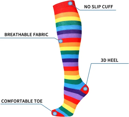 Vista 4 de Suluia Calcetines altos de color arcoíris para mujer, a rayas hasta la rodilla, medias altas hasta el muslo, tubo largo, copa del mundo, calcetines