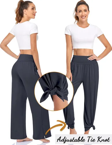 Vista 4 de UEU Pantalones de yoga de pierna ancha, para mujer, cintura alta, ajustables, con lazo, informales, holgados, talla extragrande, con bolsillos
