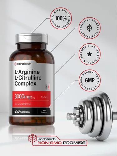 Vista 5 de Horbäach L-Arginina L-Citrulina Complejo 3000mg 250 Cápsulas Suplemento sin OMG, sin gluten Suplemento sin OMG, sin gluten