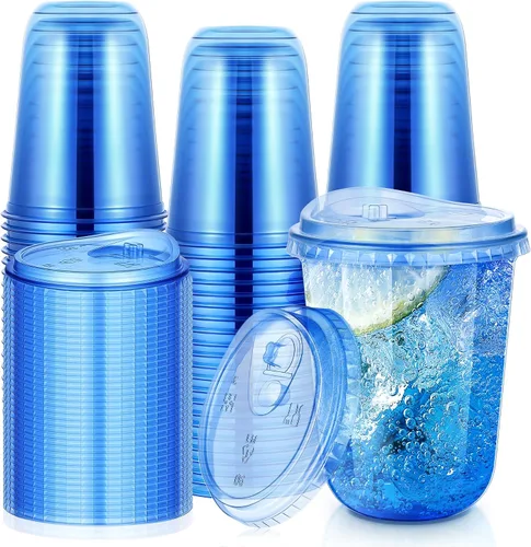 Vista 8 de KesaPlan Paquete de 50 vasos de plástico azul de 12 onzas con tapas para sorber, vasos de vino desechables sin popote para café helado, cócteles