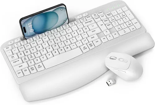 Vista 12 de Juego de teclado y mouse inalámbrico, teclas de onda de tamaño completo, teclado ergonómico con reposa muñecas acolchado, soporte para teléfono