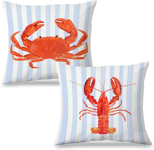 Vista 27 de Fundas de almohada costeras de langosta, fundas de almohada náuticas de langosta roja de Nueva Inglaterra con rayas azules y blancas para casa