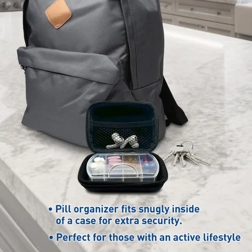 Vista 6 de EZY DOSE Pastillero de farmacia de bolsillo rígido, con bolsa con cremallera, diseño fácil de usar, portátil y perfecto para el uso diario, 8 Negro