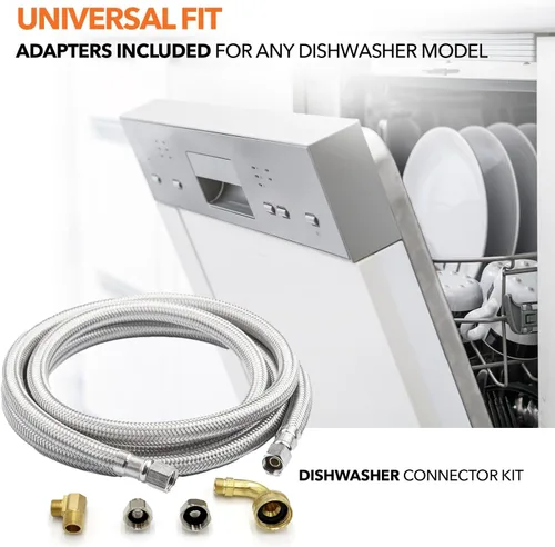 Vista 6 de Kit de instalación universal para lavavajillas, compresión de 3/8 pulgadas, manguera de acero inoxidable trenzada de 4 pies de largo + codo