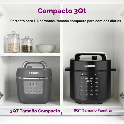 Vista 3 de Carori Olla a presión eléctrica 8 en 1, olla multifunción compacta de 3 cuartos de galón todo en 1 con olla de cerámica, salteado, cocción lenta Gris