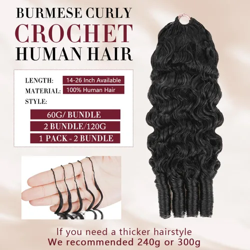 Vista 2 de Pelo rizado birmano de ganchillo rizado de plumas de ganchillo cabello humano negro natural negro 14 pulgadas