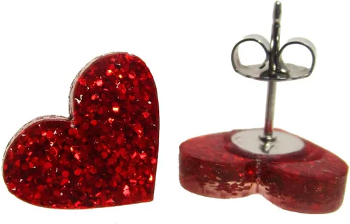 Vista 2 de Aretes de corazón con purpurina roja con postes de titanio hipoalergénicos sin níquel