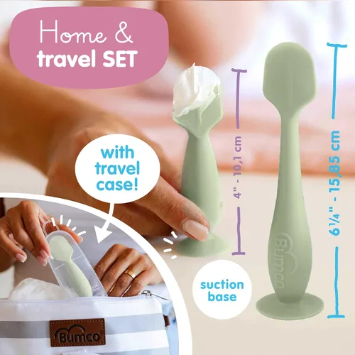 Vista 4 de Bumco Baby Bum Brush + Juego de espátula de viaje en crema (verde salvia)
