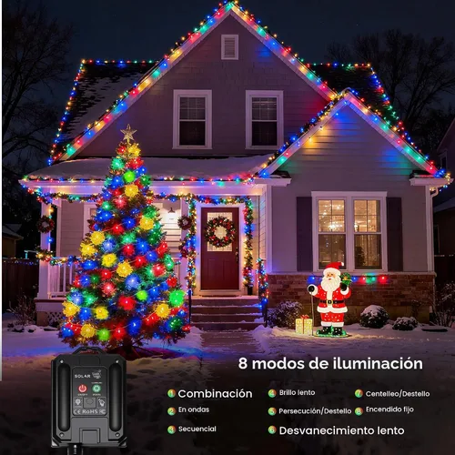 Vista 3 de Luces solares de Navidad al aire libre, 72 pies, 200 luces LED solares con 8 modos, cadena de luces de Navidad impermeable para patio, jardín