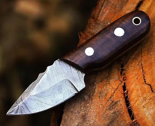 Vista 2 de ANCILLA Cuchillo de ciervo de campamento hecho a mano para caza de damasco, hoja fija de espiga completa, mini cuchillo de cuello de vaquero de Mini