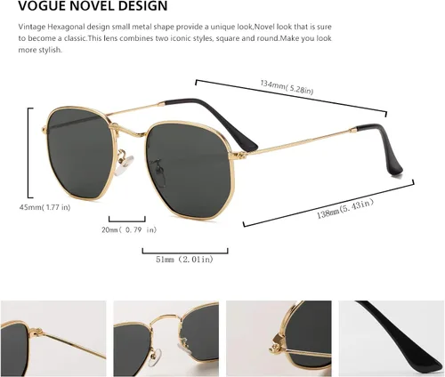 Vista 3 de Hipster - Lentes de sol polarizados hexagonales para hombre y mujer diseño geométrico cuadrados pequeños marco de metal vintage gafas de sol retro
