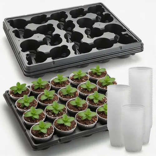 Vista 16 de RooTrimmer Macetas de turba de 3.15 pulgadas, 100 piezas con bandejas de plántulas de 20 celdas, 5 unidades, macetas biodegradables para inicio