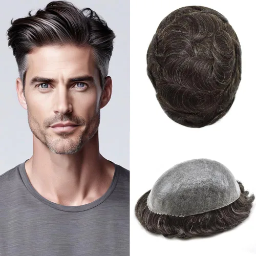Vista 42 de Toupee para hombres Sistema de reemplazo de cabello humano real para hombres Completo PU Mens Hairpiece de aspecto natural para hombre piezas